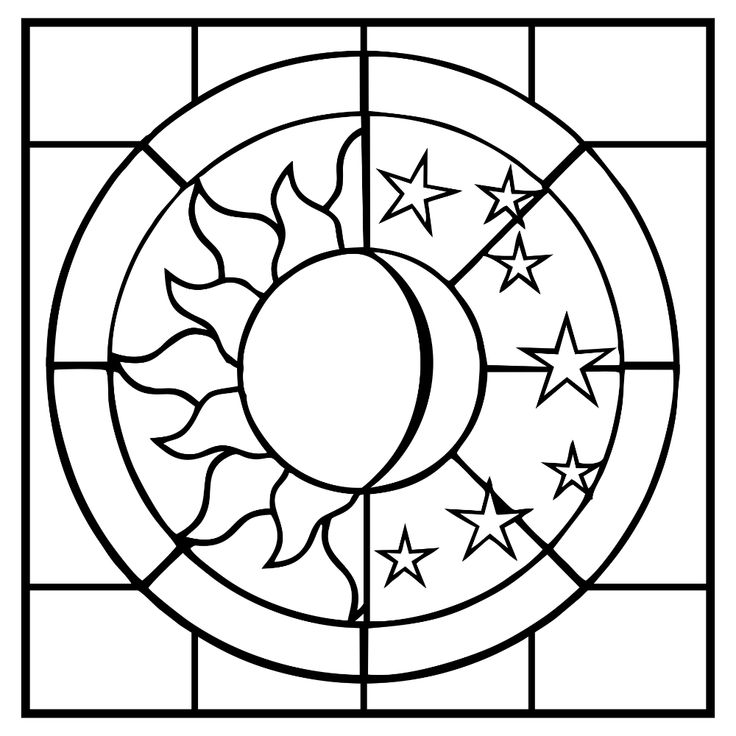 a stained glass window with the sun and moon in it, as well as stars