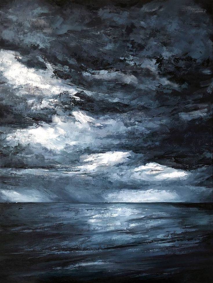 an abstract painting of dark clouds over the ocean