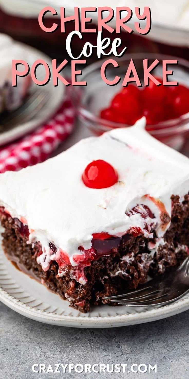 a piece of cherry poke cake on a plate