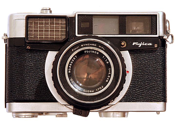 an old fashioned camera is shown on a white background with the lens pointed up to the side