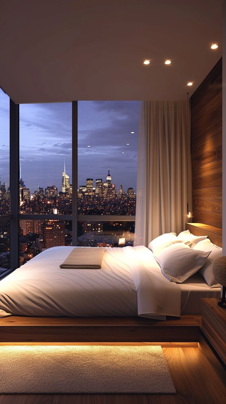 a bedroom with a large window overlooking the city at night and lit up by lights