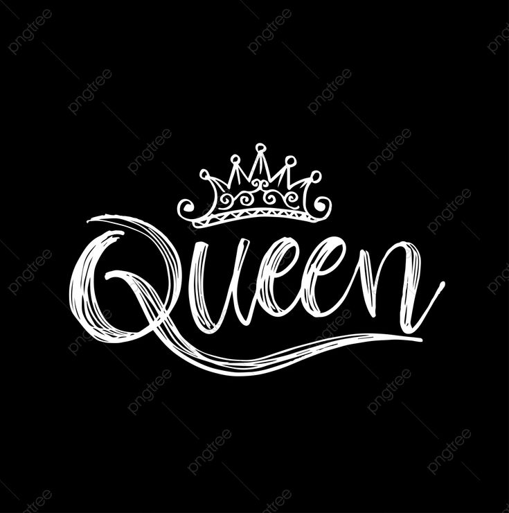 the word queen with a crown on top of it in white ink against a black background