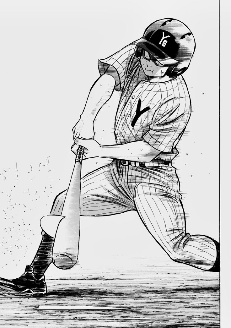 a black and white drawing of a baseball player swinging a bat