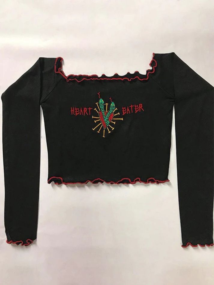 ⚡️Buy Vintage Embroidery Fungus Off Shoulder Long Sleeve Tee Black S under $20.00 in Long Sleeves Online. Style: Casual/Street/Vintage/Sexy/Y2K. Fabric Content: Cotton. Fit Type: Slim Fit. Neckline: Off Shoulder. Sleeve Length: Long Sleeve. Unique Design: The vintage embroidery and fungus edge design gives this long sleeve tee a unique and playful touch.. Off Shoulder Style: The off shoulder design is not only trendy but also sexy. It allows you to show off your shoulder and collarbone, adding a Y2k Fabric, Off Shoulder Design, Off Shoulder Style, Look More Attractive, Vest Blouse, Denim Outerwear, Off Shoulder Fashion, Long Midi Dress, Vintage Embroidery