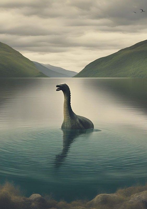 a large bird floating on top of a lake surrounded by mountains and water under a cloudy sky