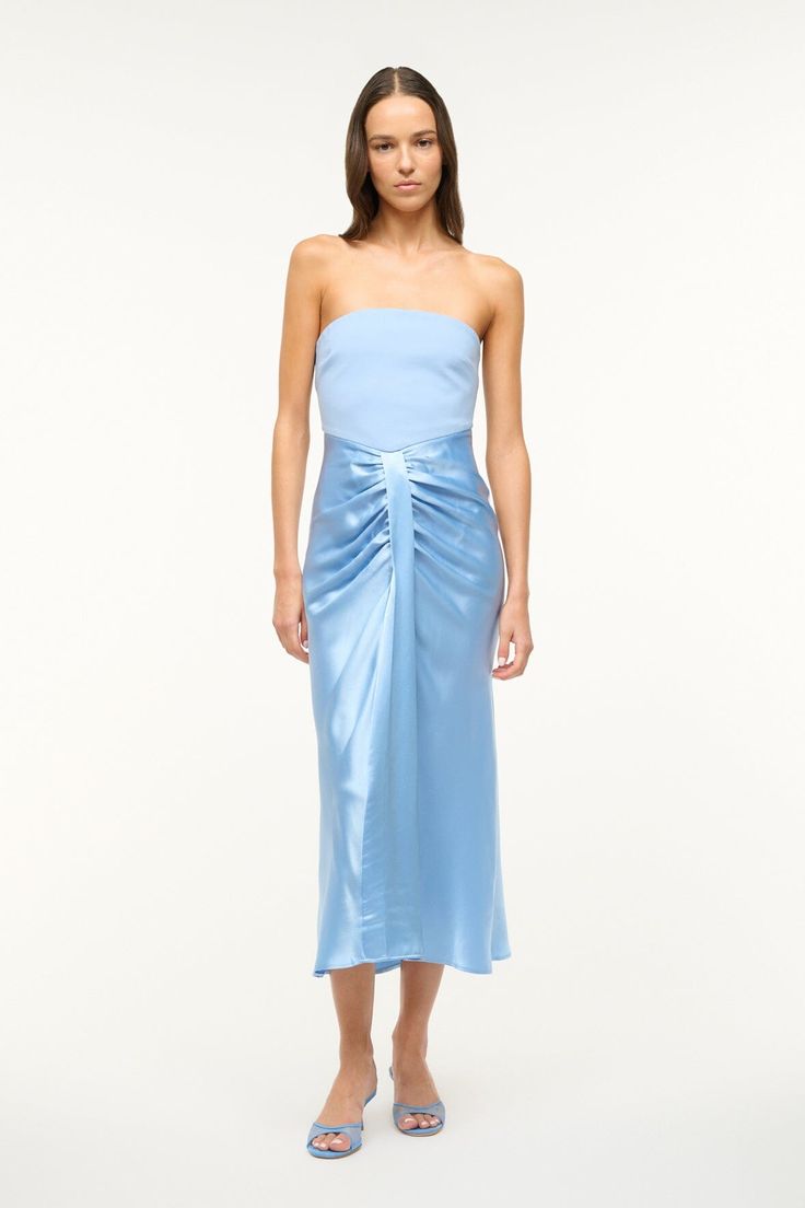 STAUD MIDI WAYFARING DRESS AZURE Pre-draped Satin Strapless Cocktail Dress, Fitted Silk Strapless Dress With Ruched Bodice, Pre-draped Strapless Midi Dress For Formal Occasions, Satin Bandeau Cocktail Dress, Spring Midi Dress With Ruched Bodice And Pre-draped Style, Pre-draped Ruched Strapless Dress For Formal Occasions, Ruched Midi Evening Dress For Prom, Ruched Midi Length Evening Dress For Prom, Formal Pre-draped Strapless Dress With Ruched Details