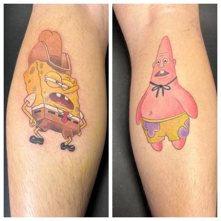 two pictures of tattoos on the legs of people, one with an image of spongebob