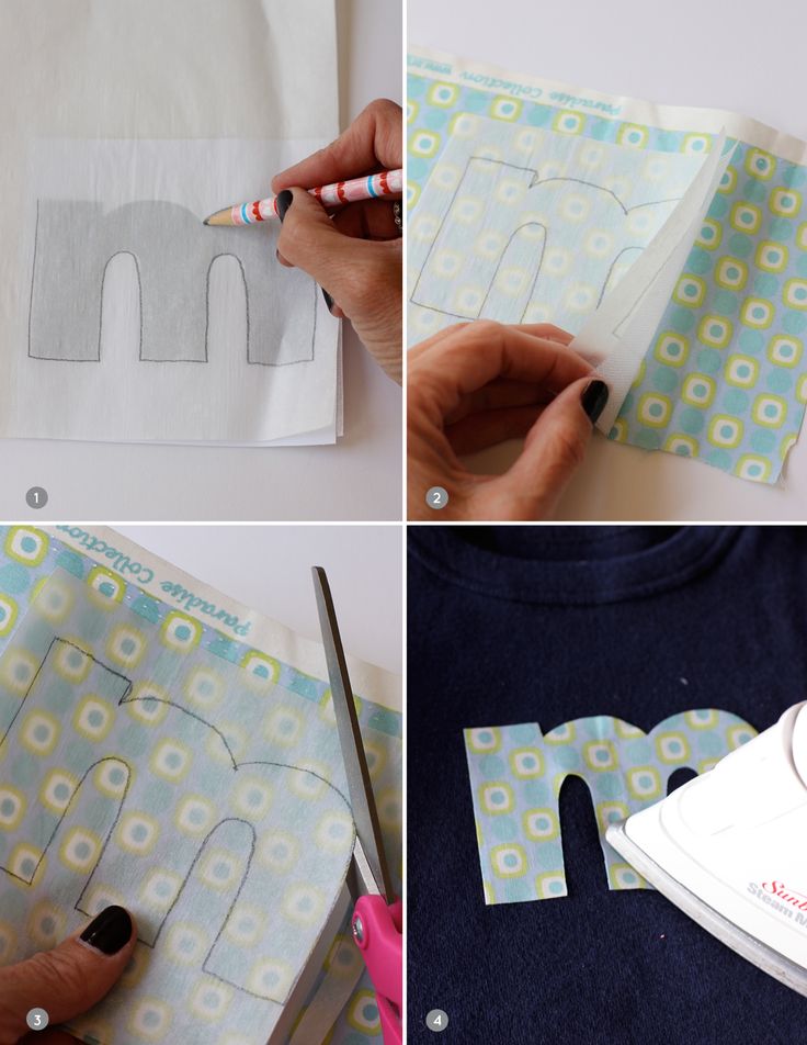 four pictures showing how to make an elephant t - shirt with the letter m on it