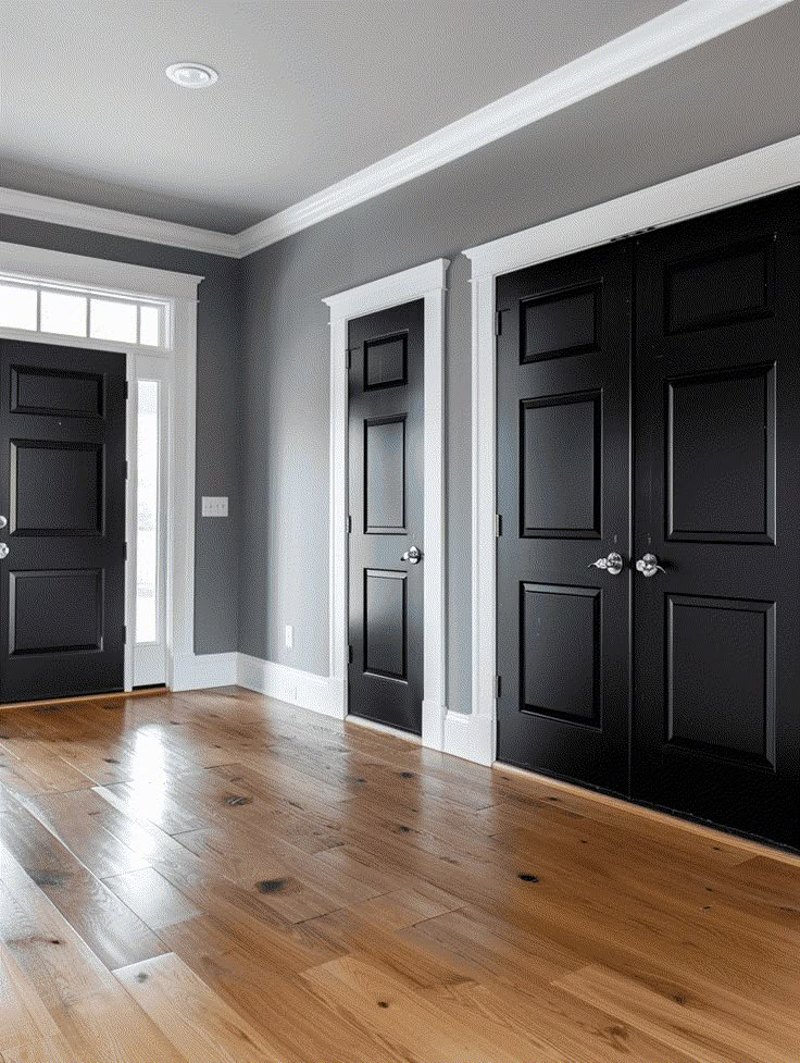 an empty room with three black doors and hard wood flooring on the hardwood floors