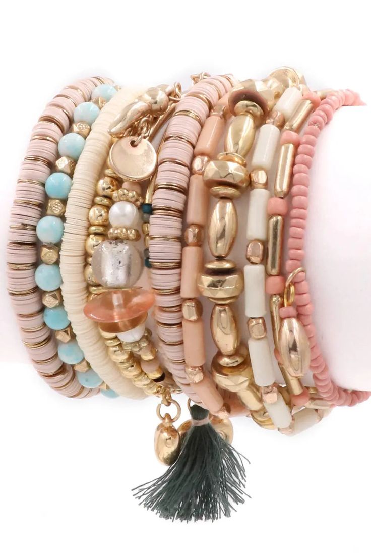 I WANT TO STAY BRACELET SET Uncommon Reign Assorted Cute Affordable Bracelets, Buckle Bracelet, Hobo Style, Stackable Bracelets, Elastic Bracelet, Seed Bead Bracelets, Metal Ring, Pink Bracelet, Bracelet Stack