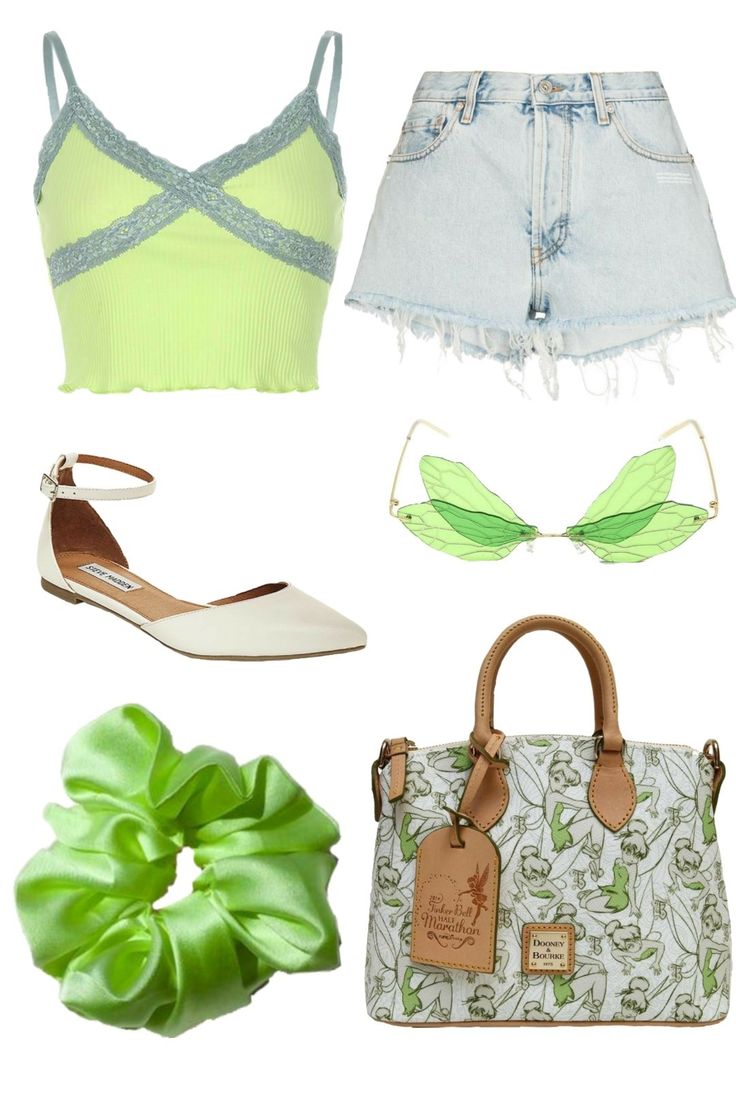 Green cropped tank top 
White flats 
Jean shorts
Wing glasses
Tink bell purse
Green scrunchie Tinkerbell Outfit Ideas, Tinkerbell Disney Outfit, Tinkerbell Inspired Outfits, Disney Bounding Tinkerbell, Tinker Bell Disney Outfit, Tinkerbell Disneybound, Tinker Bell Disneybound, Casual Tinkerbell Outfit, Tinkerbell Clothes