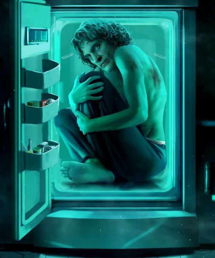 a man sitting in an open refrigerator with his shirt off and hands on his chest