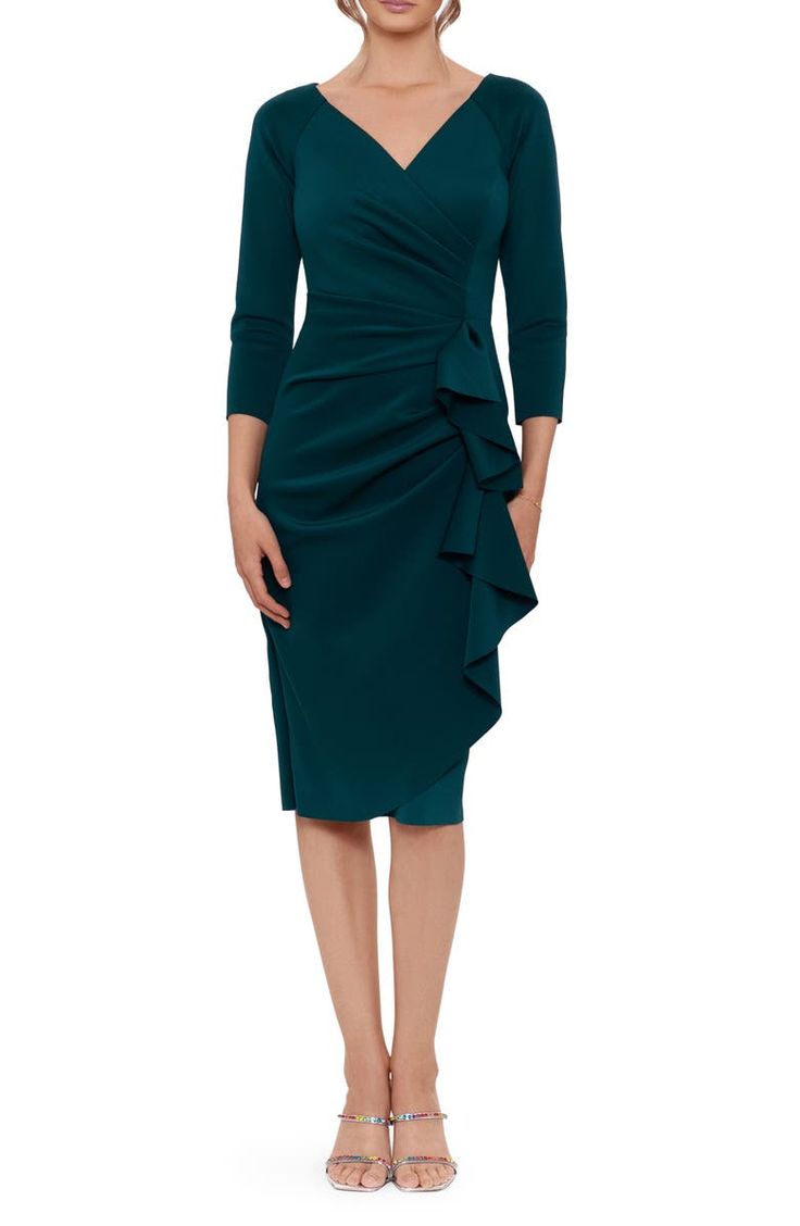 Dresses For Apple Shape, Cap Sleeve Gown, Green Dress Casual, Draped Midi Dresses, Chiffon Overlay, Column Gown, Ruffle Long Sleeve, Gowns With Sleeves, Review Dresses