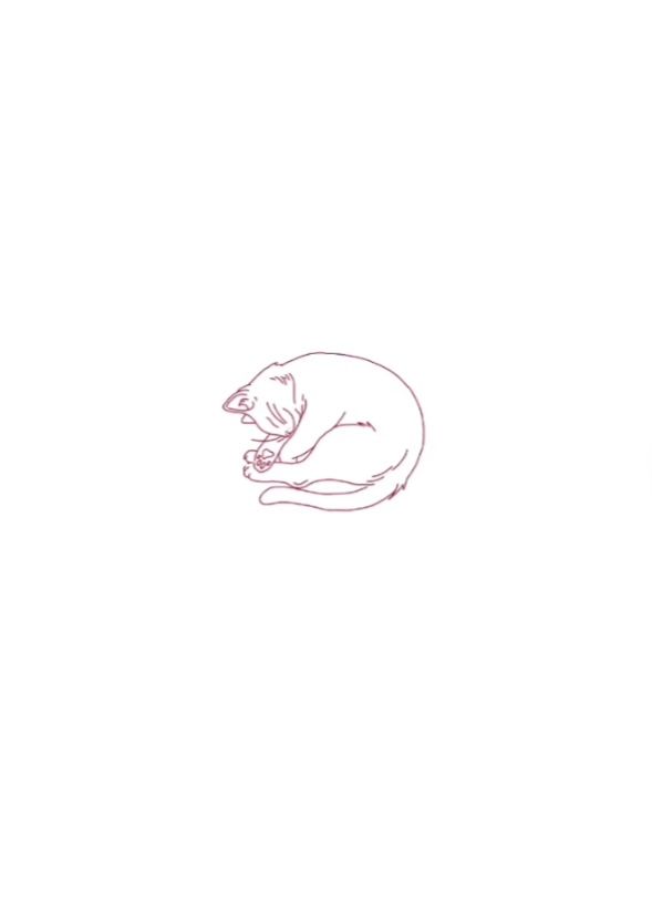 a drawing of a cat laying on its side with it's head down and eyes closed