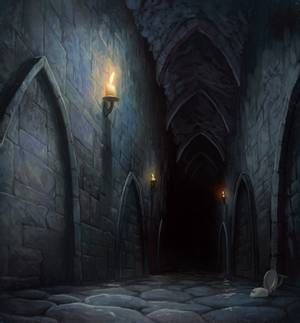 an animated scene of a dark alley with light from lamps on the walls and stone flooring