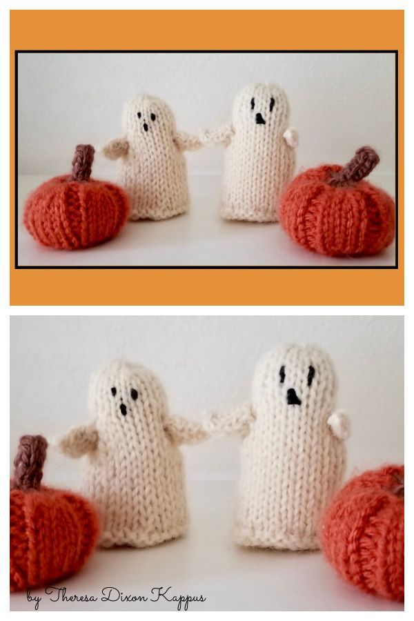 two knitted pumpkins with ghost faces on them, one holding the other's hand