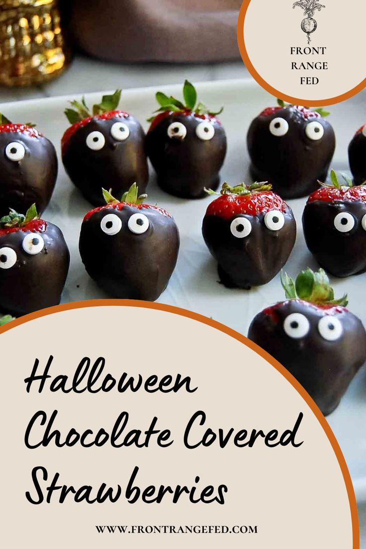 halloween chocolate covered strawberries with googly eyes on them and the words, halloween chocolate covered strawberries