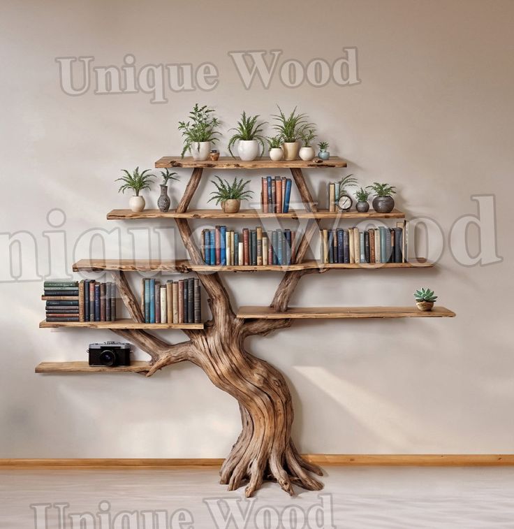 a tree with bookshelves and plants on it in front of a white wall