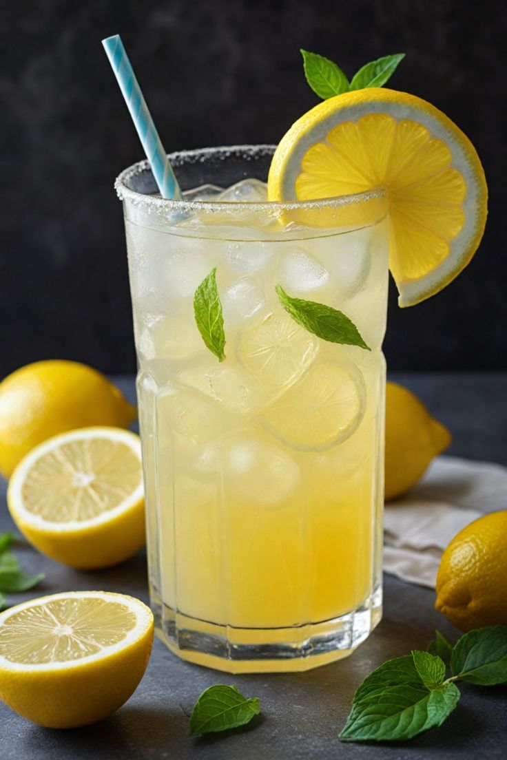 a glass filled with lemonade next to sliced lemons and mint leaves on a table