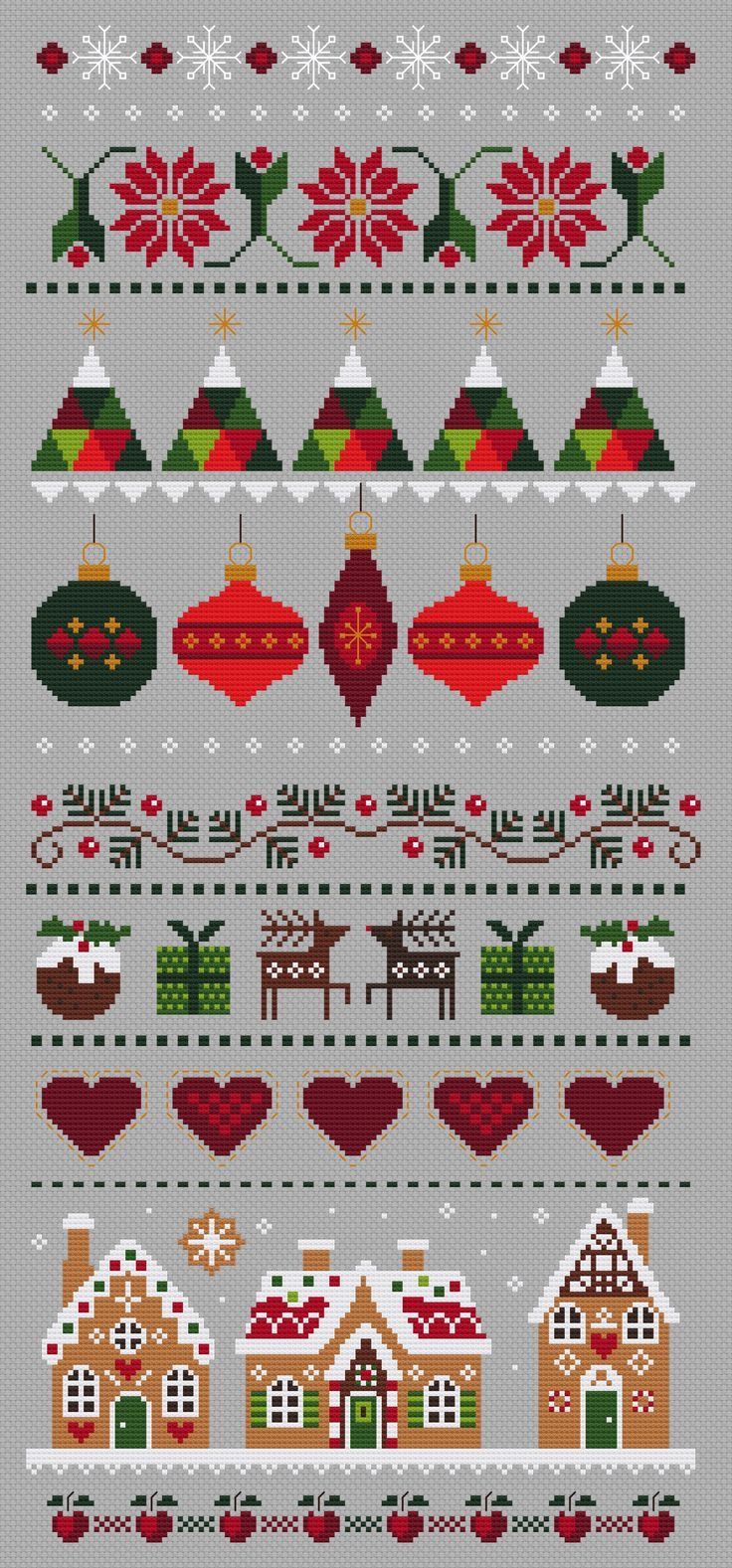 a cross stitch pattern with christmas decorations and ornaments on the bottom, in grey background