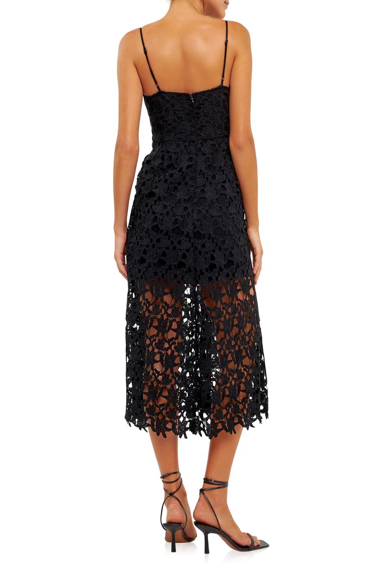 Floral lace embroidery beautifully covers the fit-and-flare silhouette of a sleeveless midi dress with scalloped trim and hidden pockets at the sides. 100% polyester Hand wash, dry flat Imported Sleeveless Lace Patchwork Midi Dress For Formal Occasions, Sleeveless Formal Midi Dress With Lace Patchwork, Summer Evening Dress With Cutwork Hem, Summer Lace Dress With Lace Closure For Date Night, Lace Cocktail Dress With Spaghetti Straps, Elegant Summer Lace Dress With Lace Closure, Sleeveless Lace Dress With Scalloped Edges For Summer, Lace Evening Dress With Scalloped Edges, Sleeveless Scalloped Lace Dress For Night Out