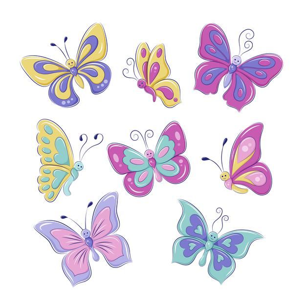 a bunch of butterflies that are on a white background and one is pink, blue, yellow and purple