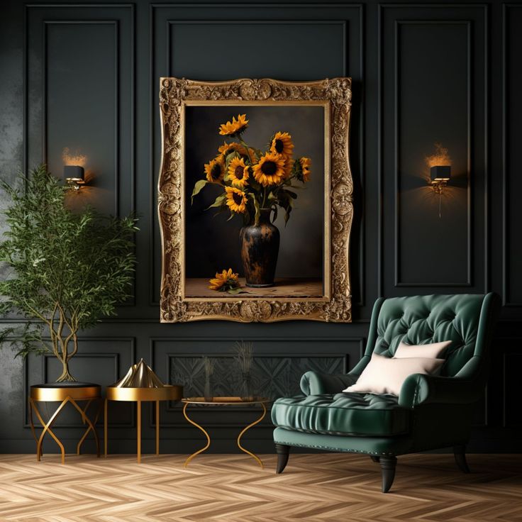 a chair in front of a painting with sunflowers