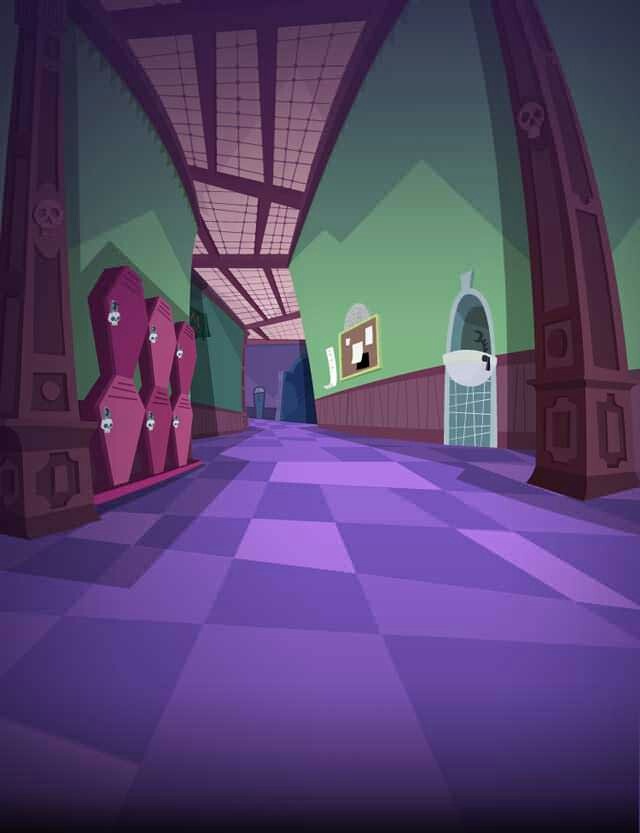 an animated image of a hallway with purple carpet