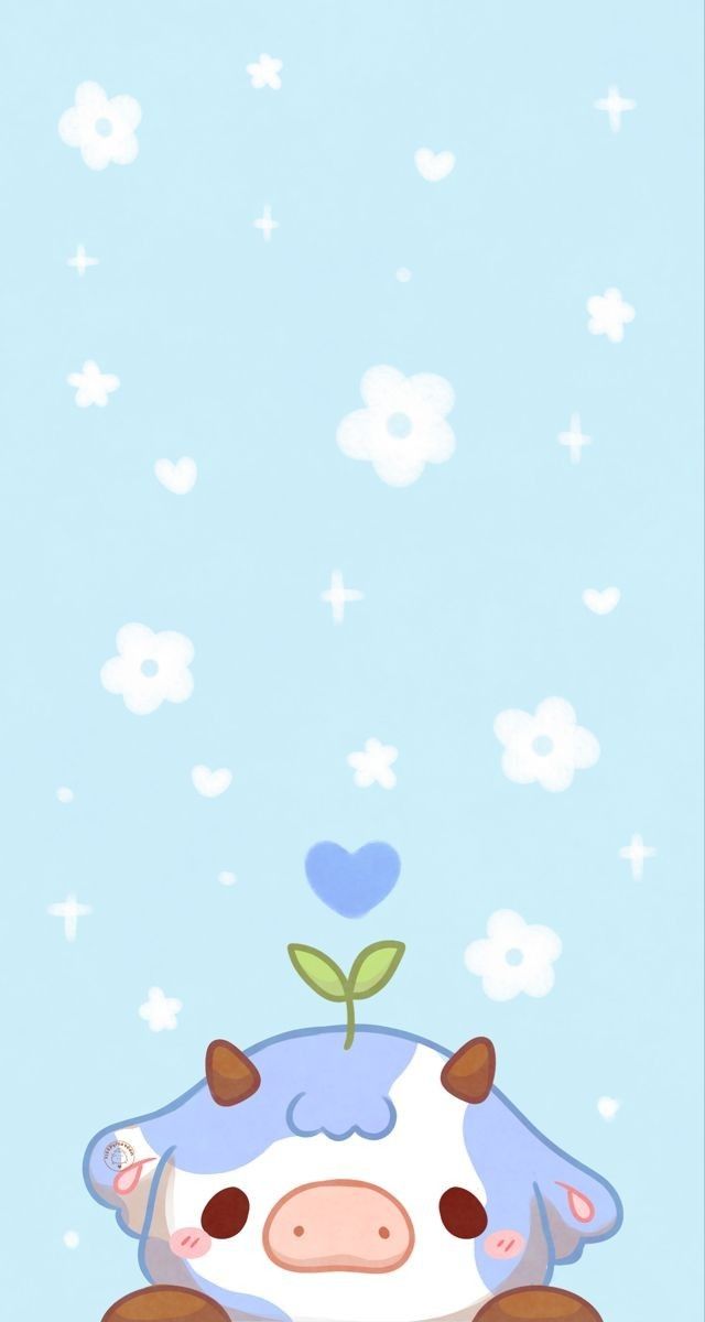 a cartoon cow sitting on top of a blue and white field with hearts in the sky