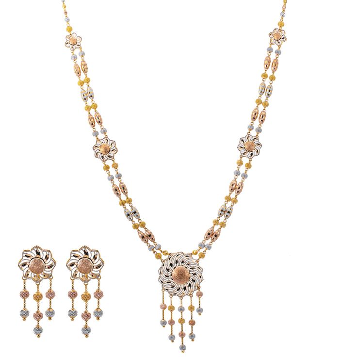 Indulge in the epitome of luxury with this Virani Jewelers 22k multi-tone gold beaded necklace set. This stunning gold necklace and earring pairing is a celebration of Indian jewelry. The meticulously crafted multi-tone gold jewelry set is designed for a woman to adorn herself in resplendent beauty. The warm glow of 22k gold tones intertwines with delicate beads, creating a piece of Indian gold jewelry that transcends time. The matching earrings complement the necklace, completing your look with