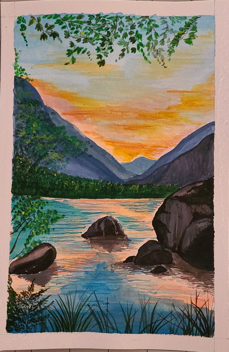 a painting of a lake with mountains and trees in the background at sunset or dawn