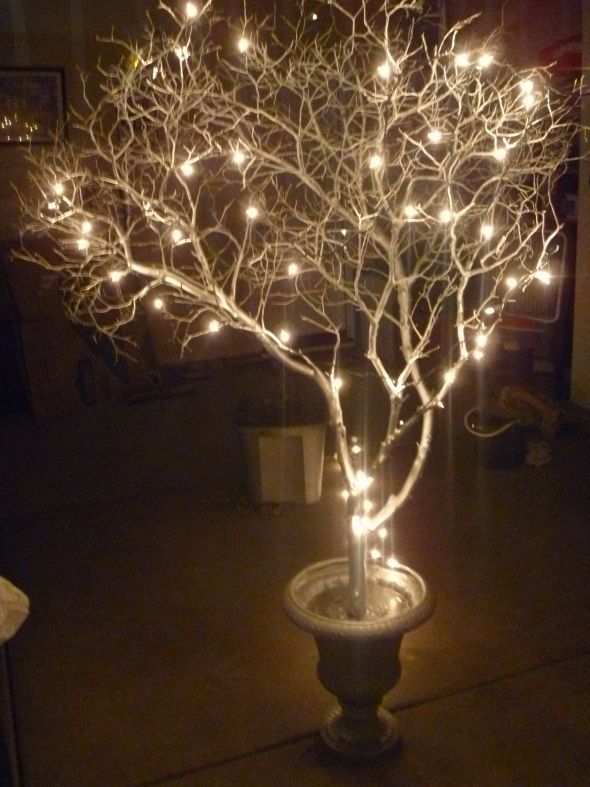 a lighted tree in a vase on a table