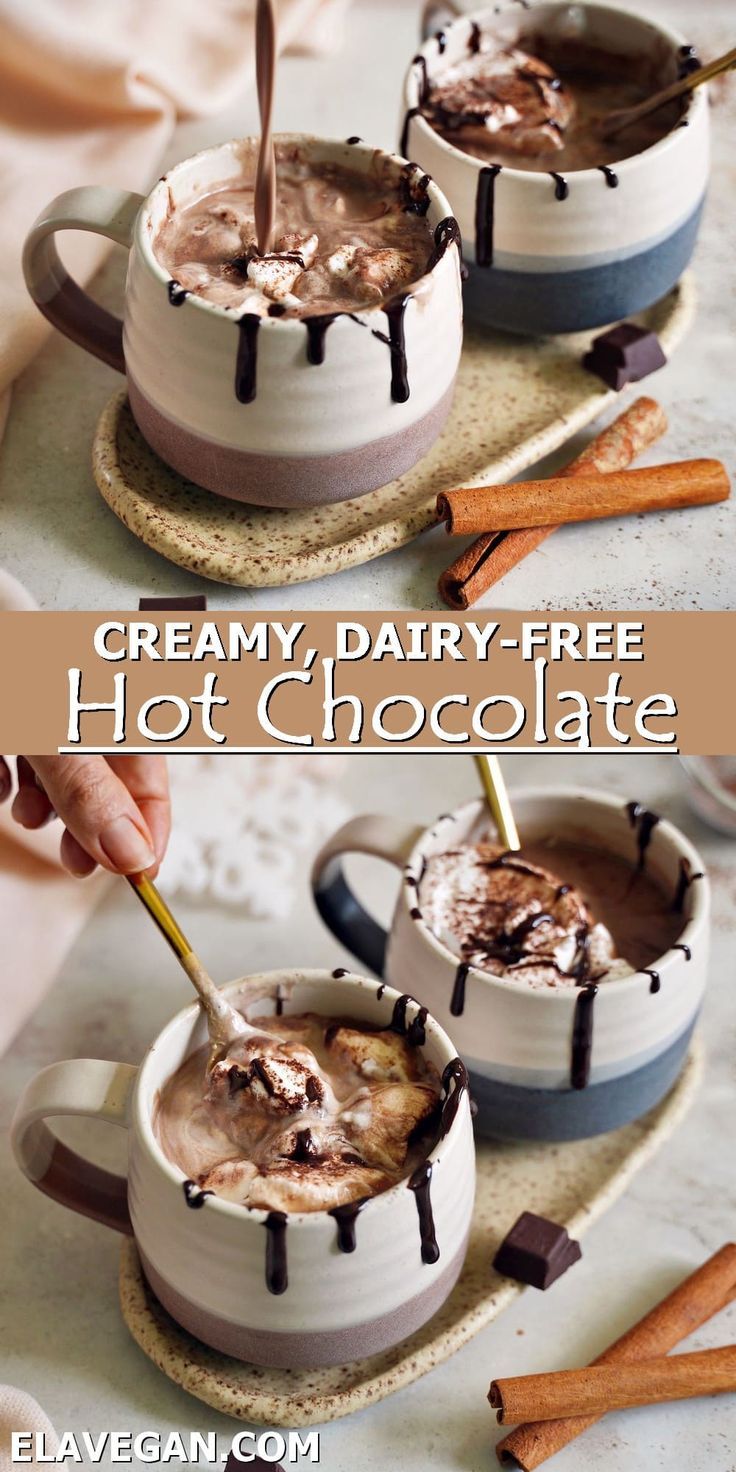 Collage of creamy, dairy-free hot chocolate No Dairy Hot Chocolate, Dairy Free Sugar Free Hot Chocolate, Lactose Free Hot Chocolate Crockpot, Vegan Hot Chocolate Crockpot, Dairy Free Crockpot Hot Chocolate, Non Dairy Hot Chocolate Recipes, Lactose Free Hot Chocolate Recipes, Hot Cocoa With Almond Milk, Dairy Free Hot Chocolate Crockpot