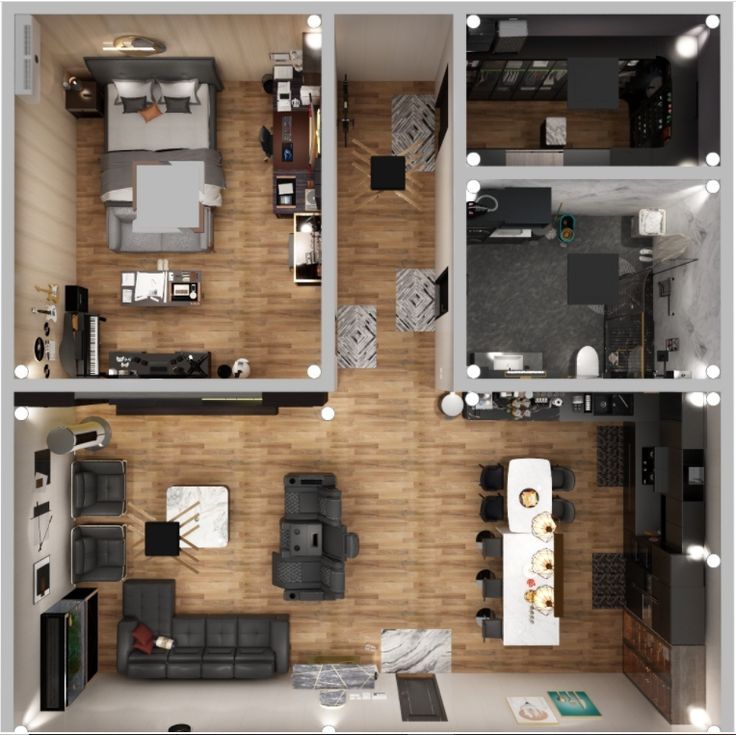 an overhead view of a living room and kitchen in a small apartment with wood flooring