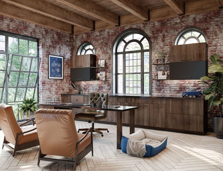 a living room filled with furniture and windows next to a brick wall covered in lots of windows