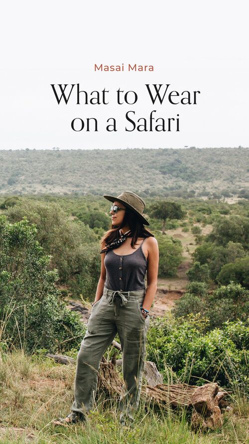 a woman standing on top of a lush green field next to trees and bushes with the words what to wear on a safari