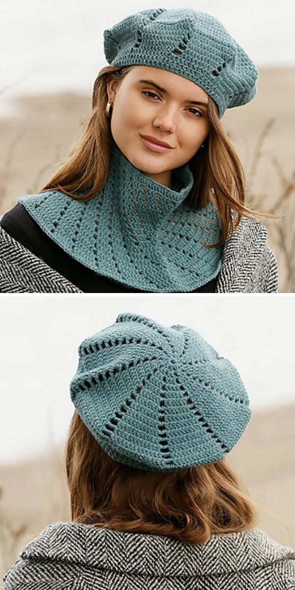 two pictures of a woman wearing a knitted hat and scarf with holes in the middle