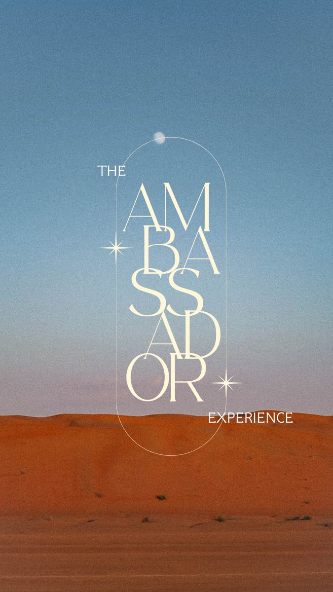 an advertisement for the ambas bar or experience, with a desert scene in the background