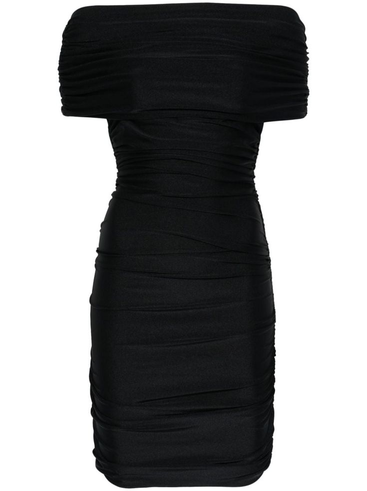 black stretch-jersey pleat detailing off-shoulder cowl neck ruched bodice straight hem thigh-length Chiffon Midi Dress, Midi Slip Dress, Pleated Mini Dress, Wardrobe Edit, Mini Dress Black, Ruched Bodice, Chiffon Ruffle, Mini Slip Dress, Mini Cocktail Dress