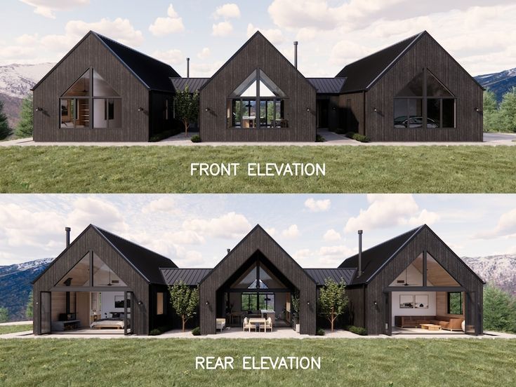 two views of the front elevation and rear elevation of a house with windows on each side