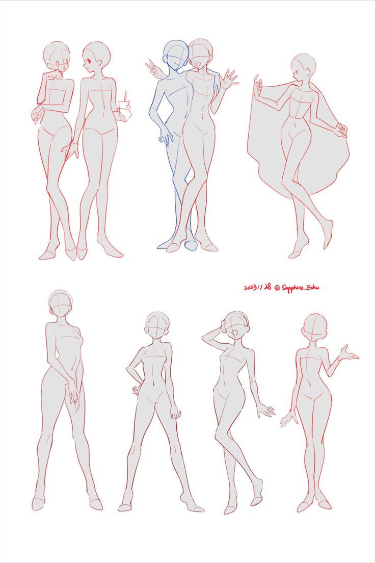 various poses and body shapes for the character model sheet, with red lines on each side