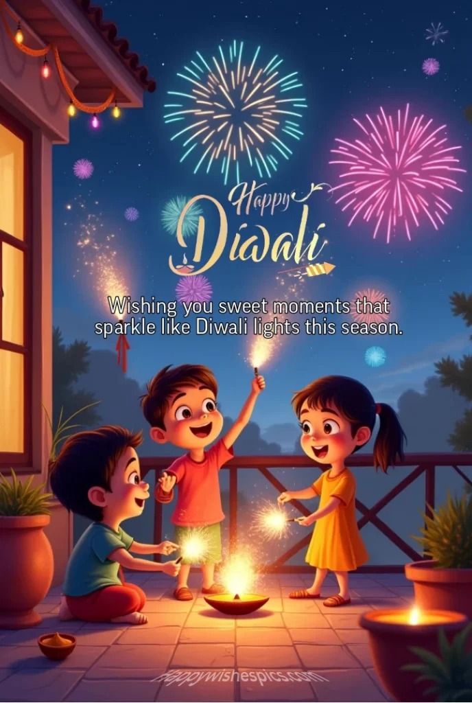 three children holding sparklers and celebrating diwali with fireworks in the night sky