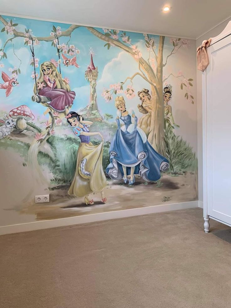 this is an image of a mural in a child's room with princesses