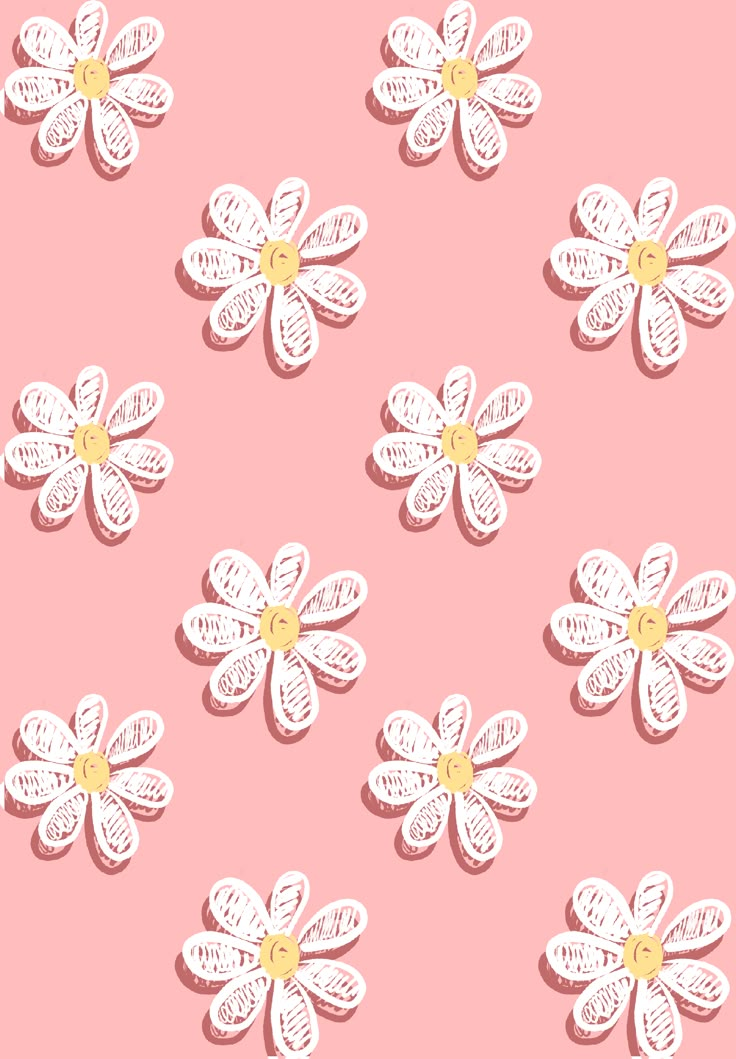 some white flowers on a pink background with yellow centers and petals in the center, as if they were cut out from paper