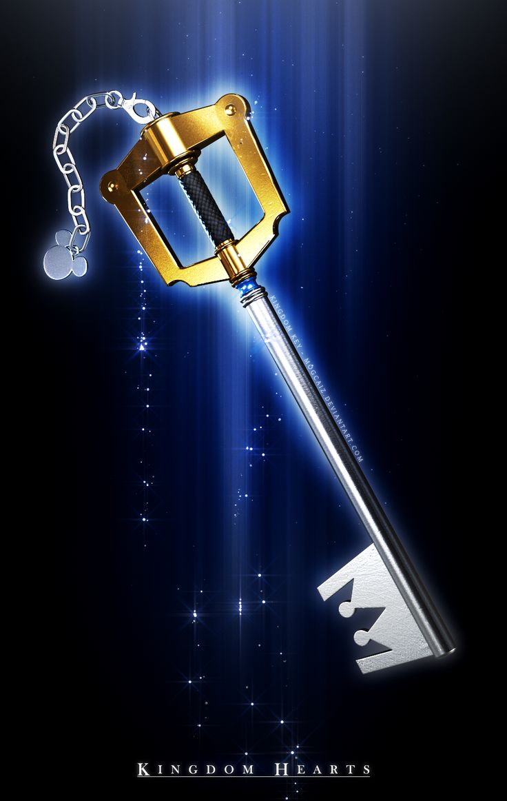 a golden key is attached to a chain on a black background with blue lights and stars