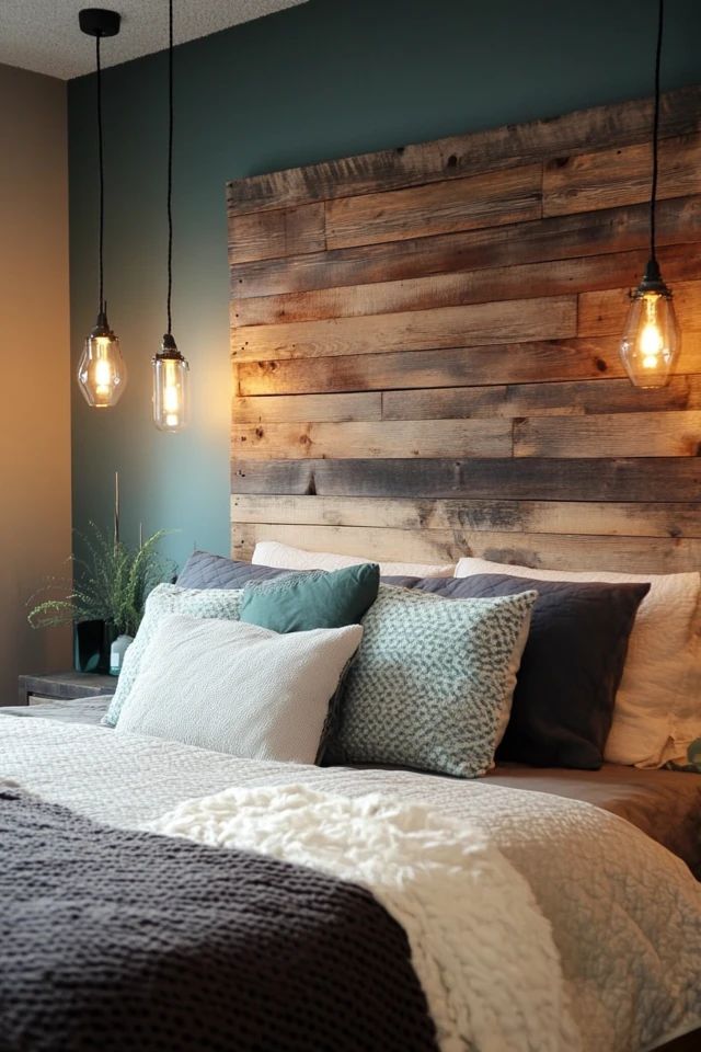 a bed with two lights hanging above it and a wooden headboard on the wall