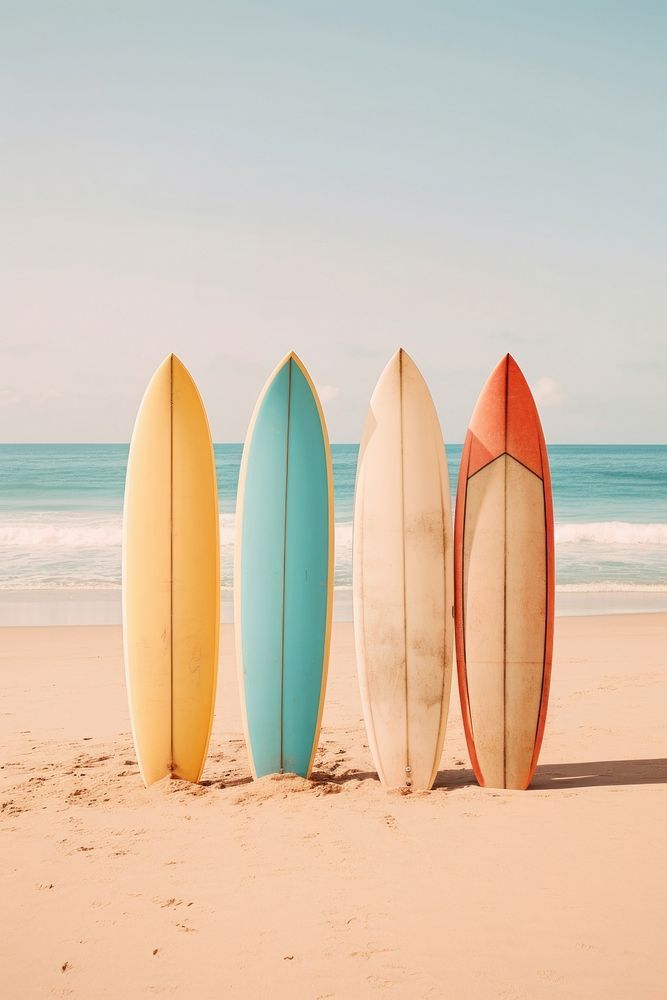 three surfboards are lined up on the beach