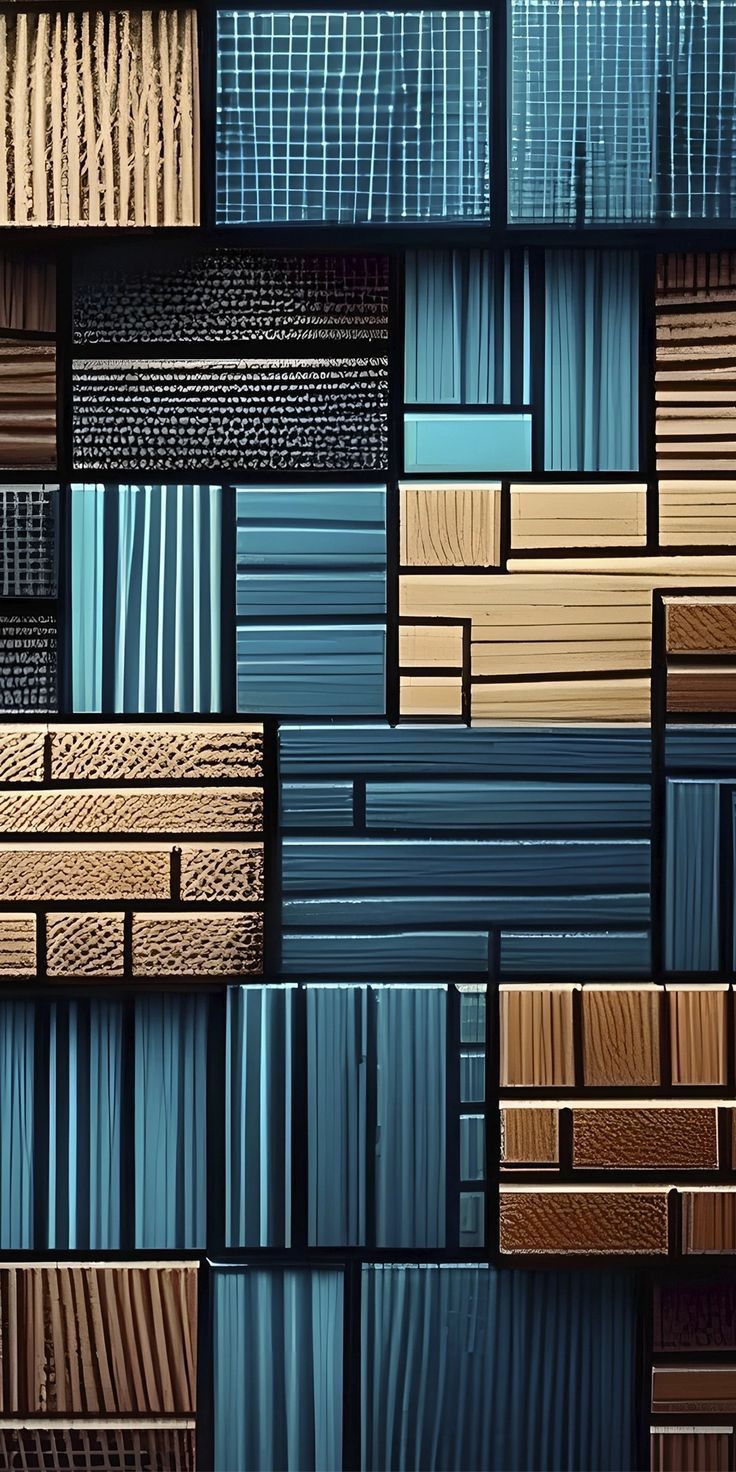 an abstract wall made up of many different types of wooden planks and metal strips