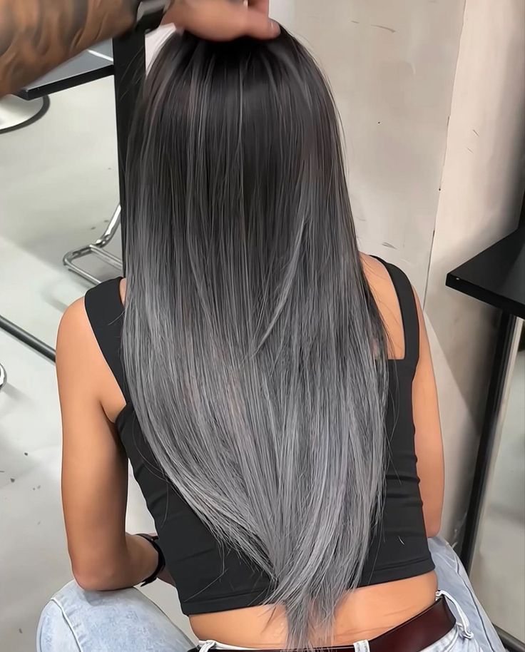 Brown Hair Silver Balayage, Grey Hair With Black Roots, Black To Platinum Balayage, Dark Brown Grey Hair, Black And Silver Hair Ideas, Silver Ends Hair, Black Hair With Silver Underneath, Ash Gray Highlights On Black Hair, Black And Silver Hair Short