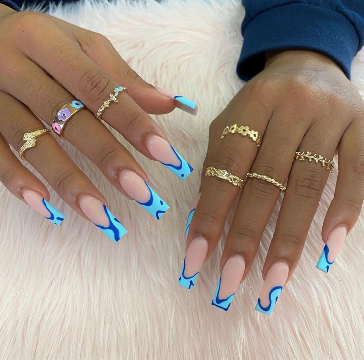 Edgy Y2k Nails, Blue Drip Nails, Blue And Orange French Tip Nails, Green Summer Nails 2024, Birthday Blue Nails, Blue Coffin Nail Ideas, Nail Designs With Black, Cool Blue Nails, Medium Square Acrylic Nails Designs